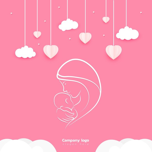 Vector mother's day greeting card vector banner and flying pink paper hearts social media banner