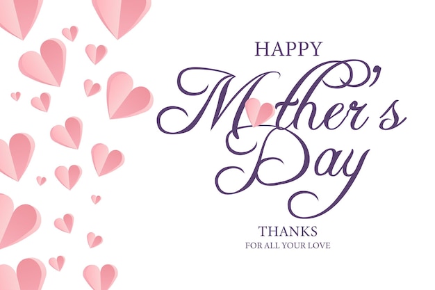 Mother's Day greeting card Vector banner with a girl and flying pink paper hearts Love symbols on