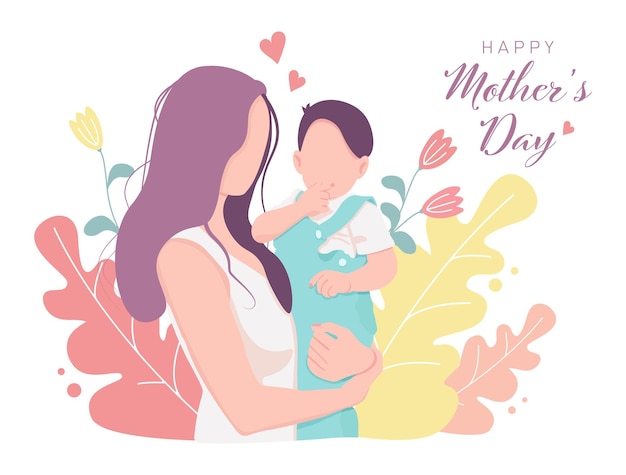 Поздравительная открытка на день матери Векторный баннер с матерью, держащей ребенка и розовыми сердцами с цветами
