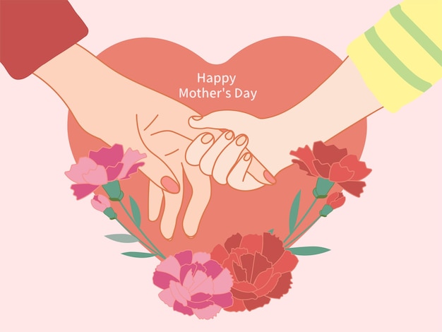 Mother's Day greeting cards Child Holding Mother's hand carnation flower on heart shaped background