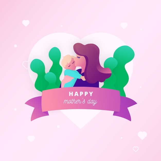 Mother's day illustration card with pink hearts banner