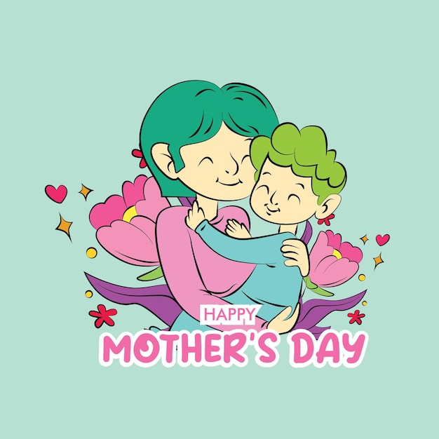 mother's day illustration with mom hug baby and floral frame