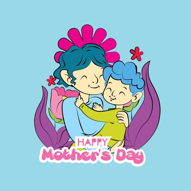 Vector mother's day illustration with mom hug baby and floral frame