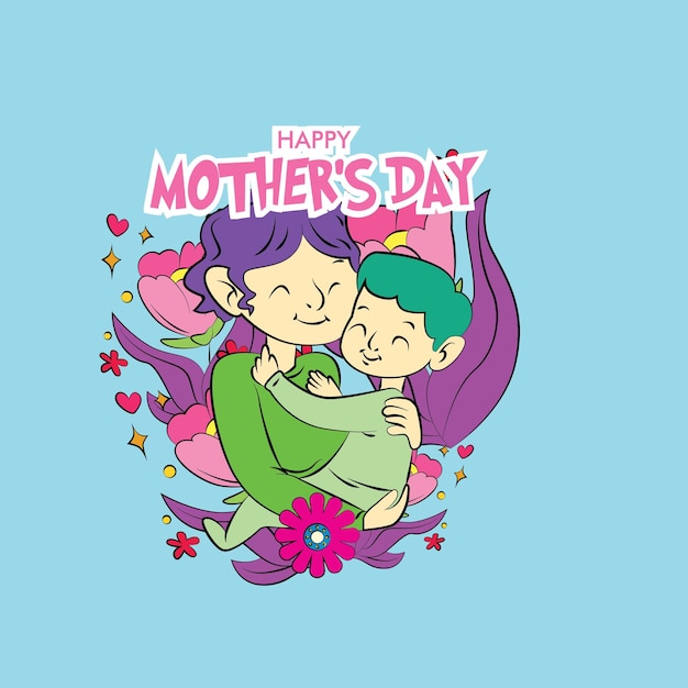 Vector mother's day illustration with mom hug baby and floral frame