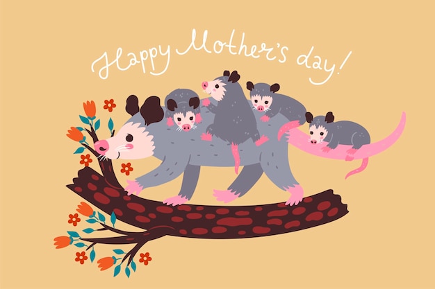 Vector mother s day poster or card with opossum and cubs