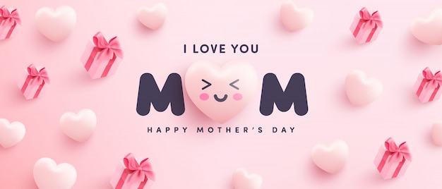 어머니의 날 포스터 또는 달콤한 마음과 분홍색 배경에 선물 상자 배너. 홍보 및 쇼핑 템플릿 또는 사랑과 어머니의 날 개념에 대 한 배경