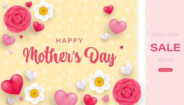 Mother's Day Sale banner with beautiful flowers and small 3d hearts Vector isolated illustration