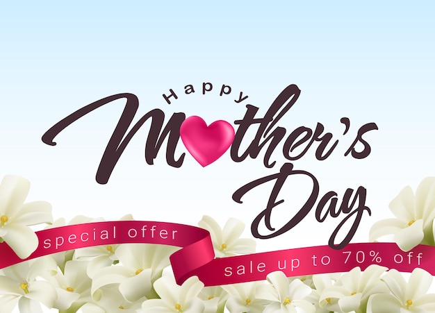 Mother's Day sale discount promotion White blooming flowers background and dark pink ribbon