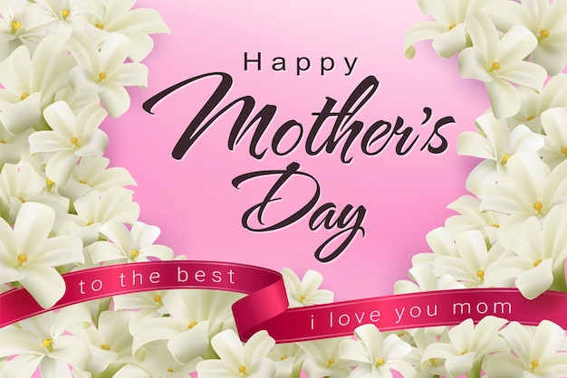 Vector mother's day white flower template with dark pink ribbon with mother's love message realistic file