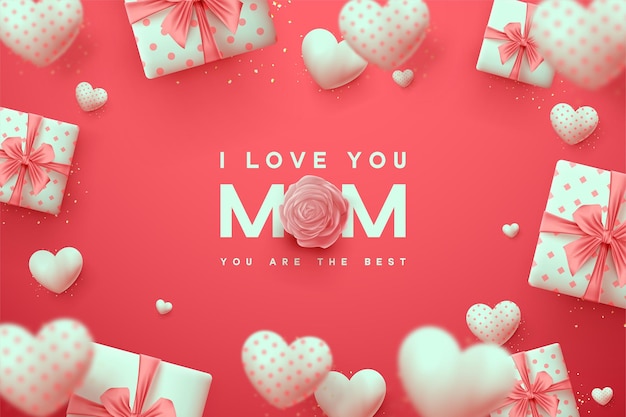 Vector mother's day with gift boxes and pink balloons on red background.