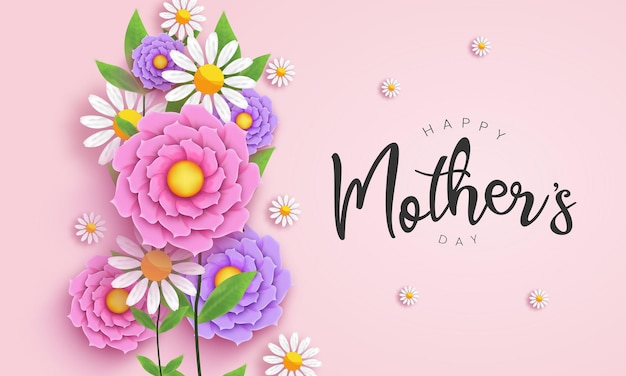 Mother's day with realistic flower and typography, floral decoration with calligraphy greeting card