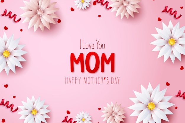 Вектор День матери со словами я люблю тебя мама в красных и белых цветах.