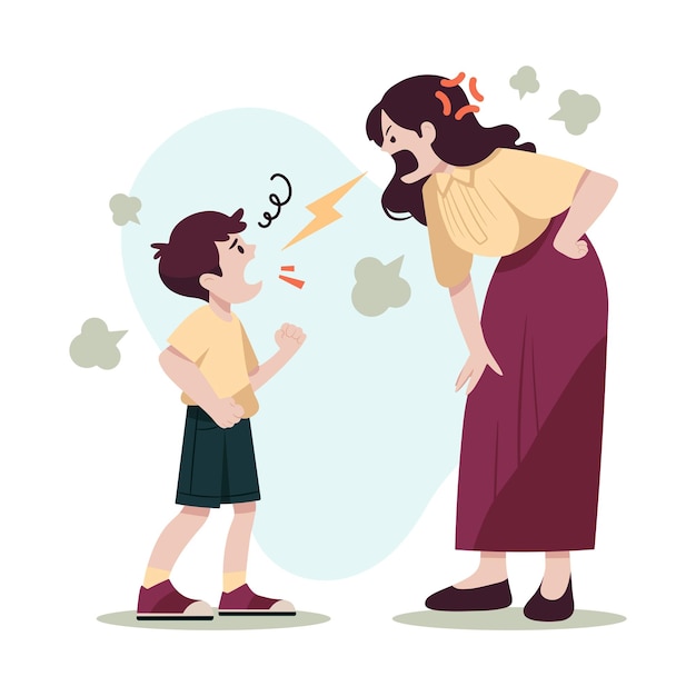 Mother screams at child Family conflicts and child abuse Angry mom and her son Vector isolated