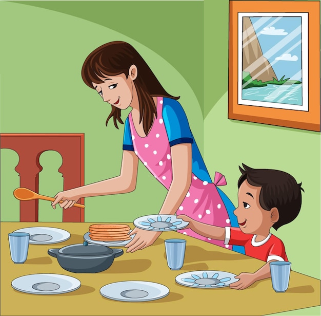 Mother serving food to the child vector illustration