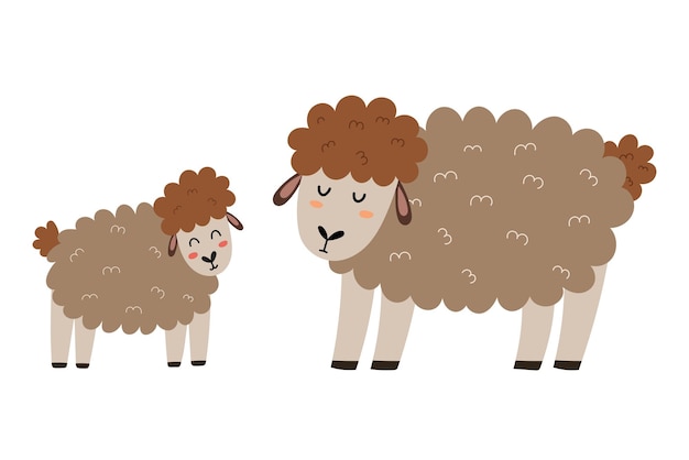 母羊と子羊。かわいいお母さんとその子の動物キャラクター。子供のための母の日プリント