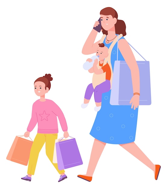 Mother shopping with kids Busy woman with paper packages