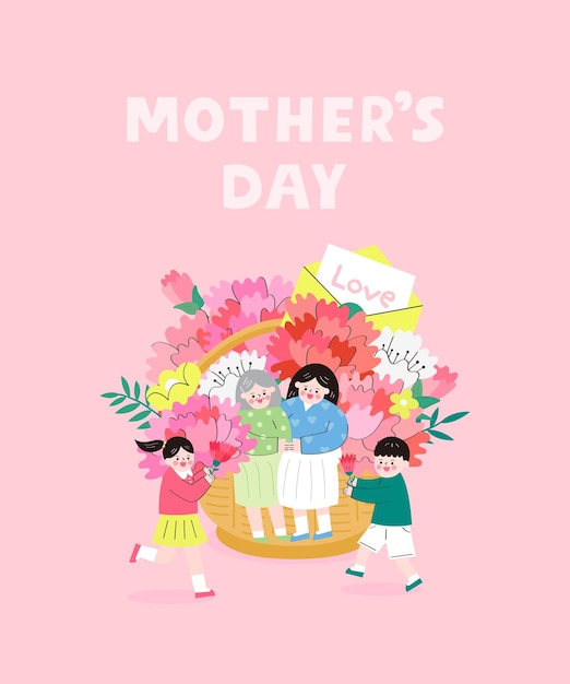 Vector mother sit on the flower basket