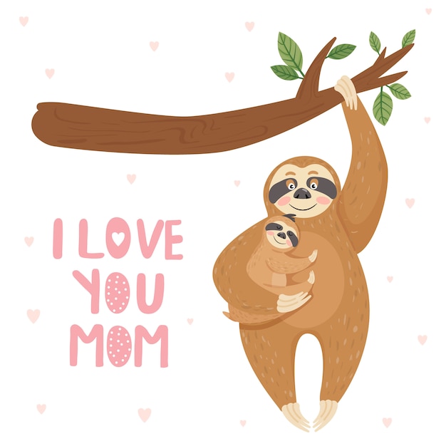 Vector mother sloth with baby hanging on branch.