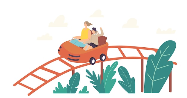 Mother and son characters riding roller coaster, family extreme recreation in amusement park, fun fair carnival weekend activity, leisure, summer vacation relax. cartoon people vector illustration