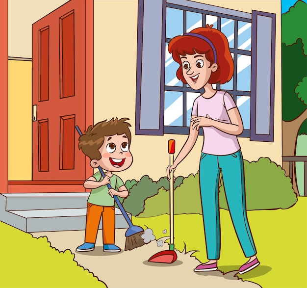 Mother and son cleaning the house with broom cartoon vector illustration graphic design