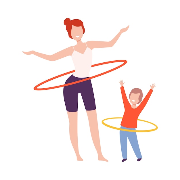 Madre e figlio fanno hula hoop esercizio di allenamento rotativo mamma e figlio fanno sport insieme illustrazione vettoriale a stile piatto