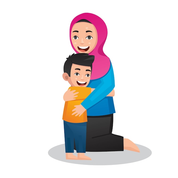 Mother and son hugging islamic illustration