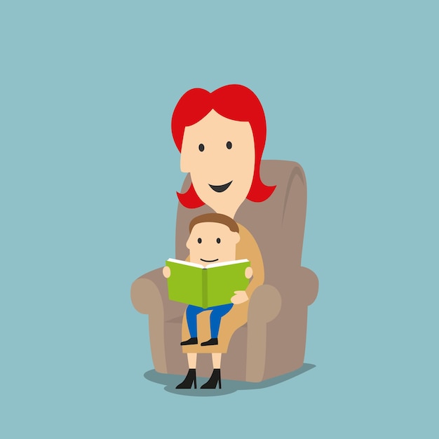 mother and son reading book in armchair
