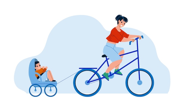 Madre e figlio che guidano il rimorchio della bici all'aperto vettore. donna giro in bicicletta e bambino bambino seduto in rimorchio bici. personaggi tempo attivo nel parco fuori piatto fumetto illustrazione