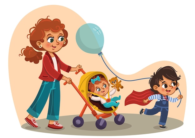 A mother taking her kids to a walk Vector illustration