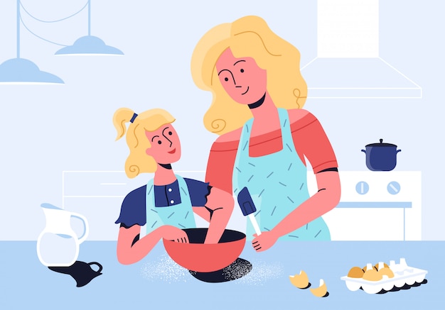 Mother teaching daughter to cook healthy food together at home. Forming healthy eating habits for children.