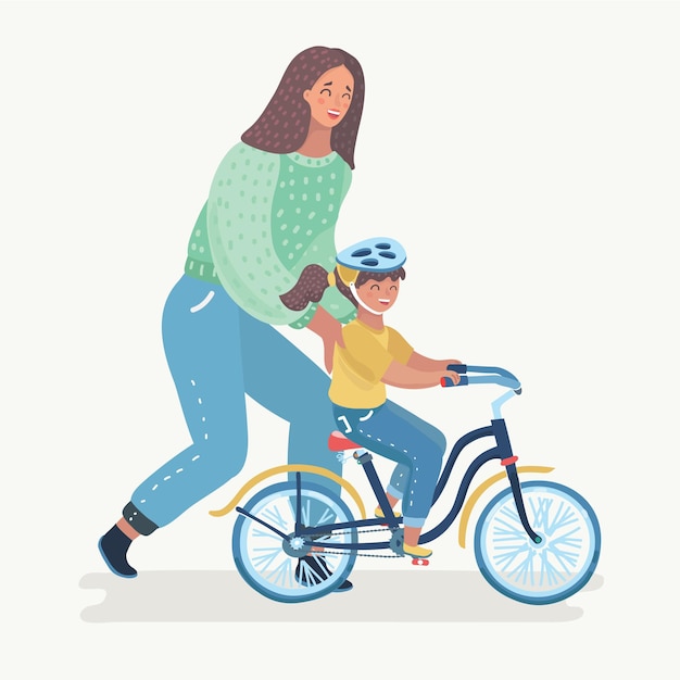 Мать учит девушку ездить на велосипеде