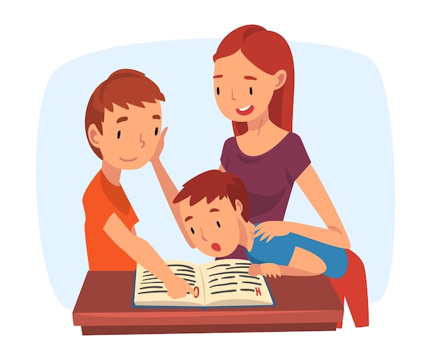 mother teaching her sons parent helping sons with homework and explaining lesson in textbook