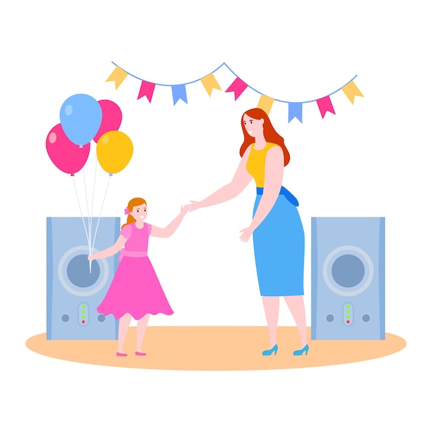 Mother time with daughter vector illustration cartoon flat smiling mom and kid girl characters