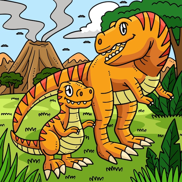 Mother TRex and Baby TRex Colored Cartoon