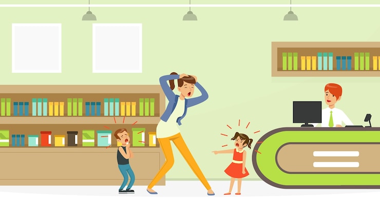 Vector mother trying to cope with childrens hysteria in store having difficulty raising hyperactive kids vector illustration