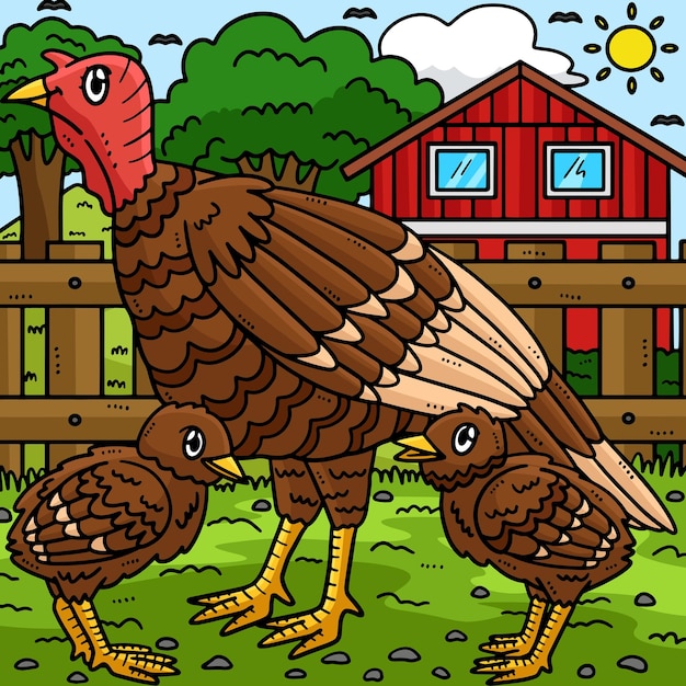 Mother Turkey and Baby Turkey Colored Cartoon