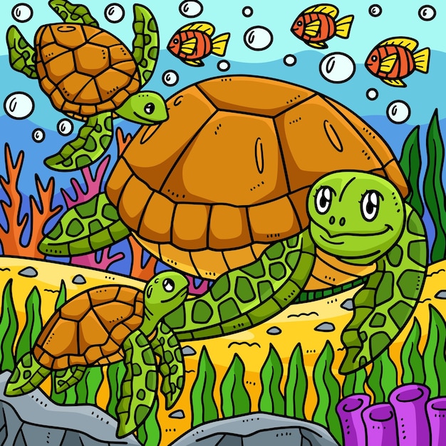 Mother Turtle and Hatchling Colored Cartoon