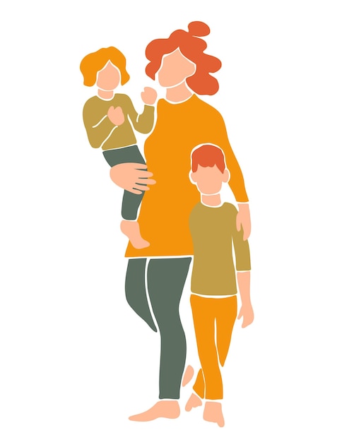 Mother of two holding her toddler daughter and hugging her son Hand drawn vector illustration in abstract minimal style