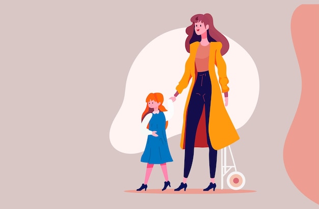 ベクトル 小さな娘と一緒に歩く母家族の親子育児のコンセプト母の日カードテンプレート