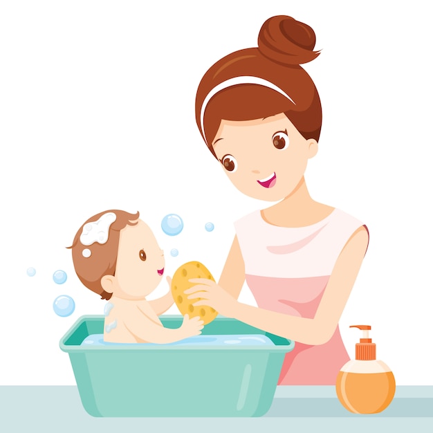 Vector mother washing baby in small bathtub