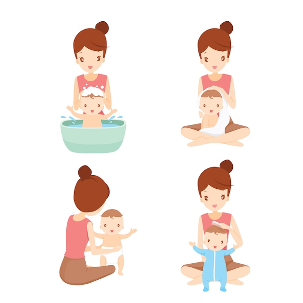 mother washing hair, bathe and dress her baby with love