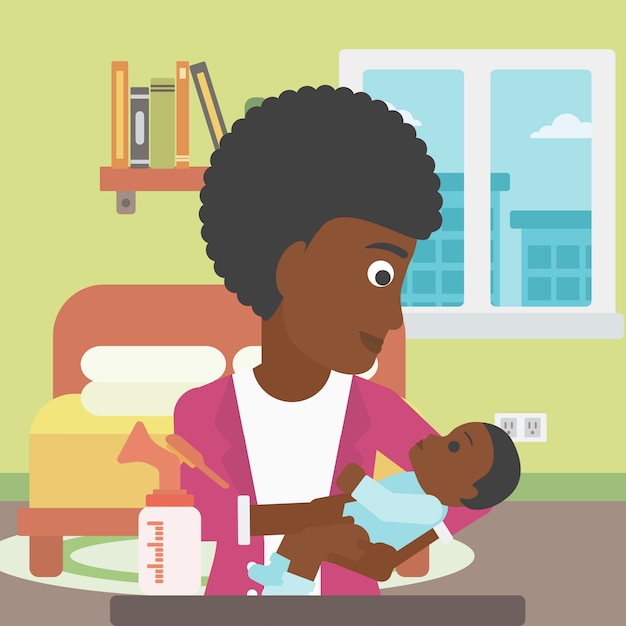 Vector mother with baby and breast pump.