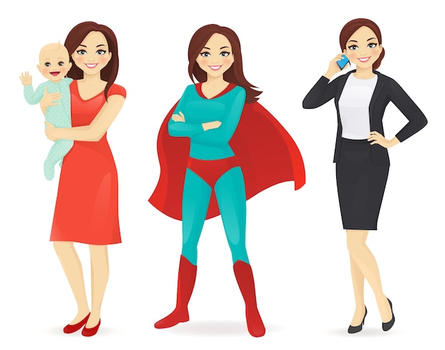 Mother with baby businesswoman and woman in super hero costume vector illustration