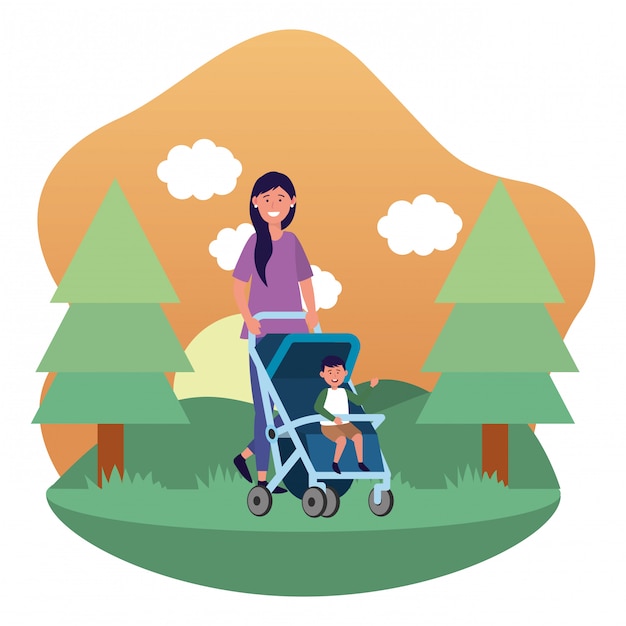 Vector mother with baby carriage