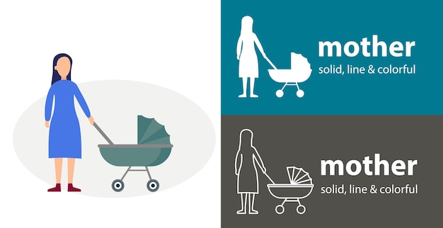 Vector mother with baby isolated vector flat icon silhouette line solid design element