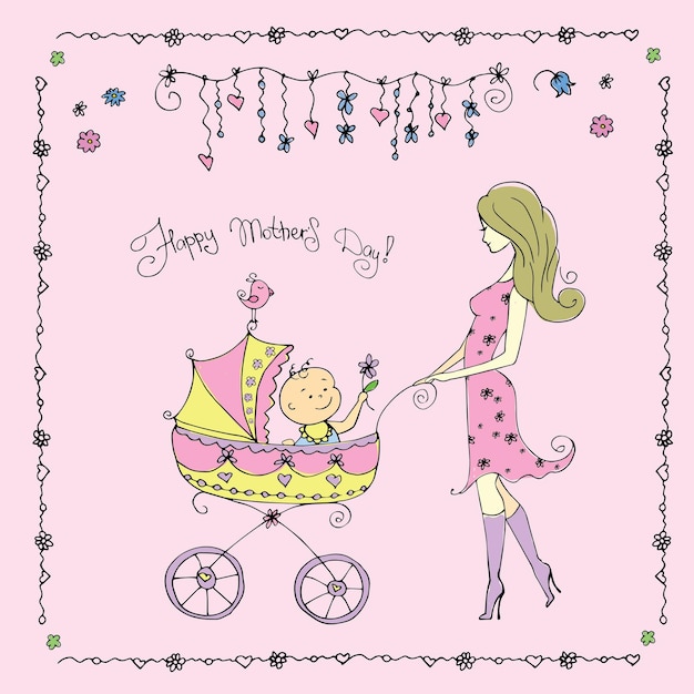 Mother with baby in stroller Happy Mother's Day card stock vector illustration