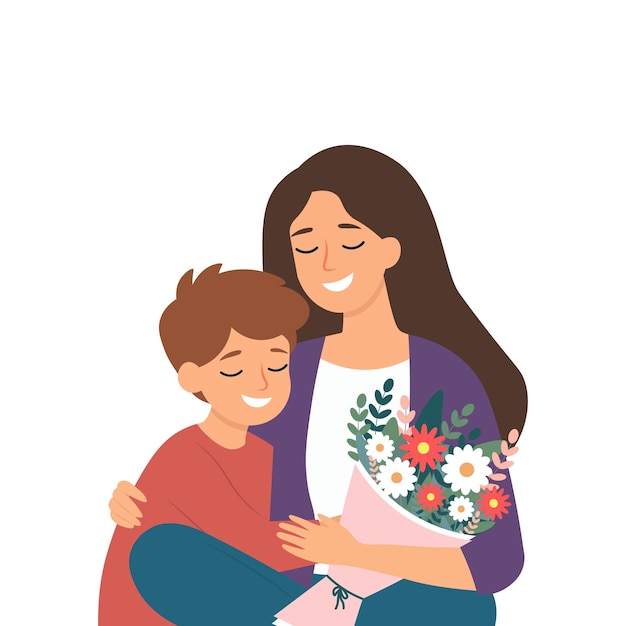 Mother with a bouquet of flowers and son Happy mothers day