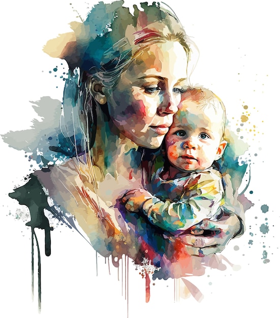 Vector mother with a child watercolor painting loving mother hold in arms embrace little baby girl child