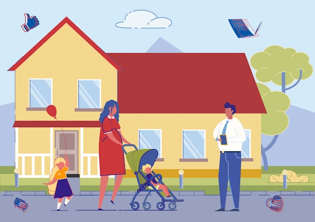 Vector mother with children buying new house in suburb