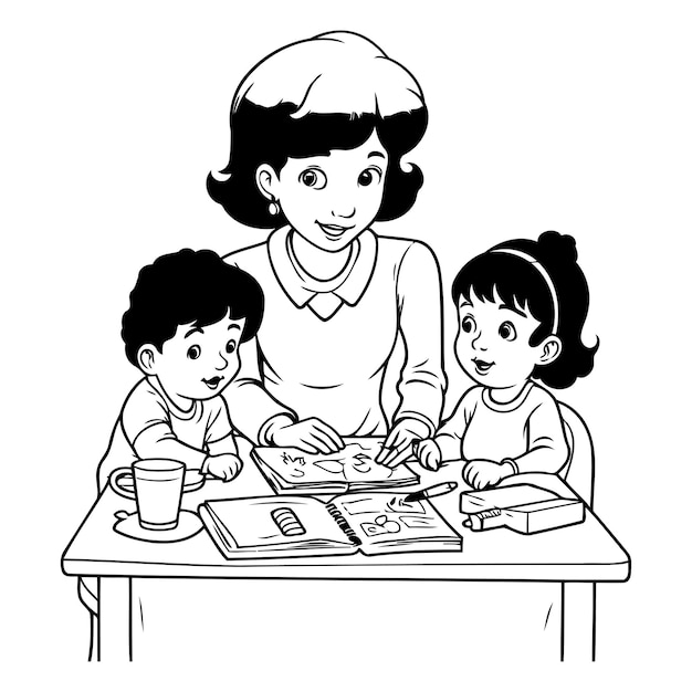 mother with children reading a book at the table vector illustration graphic design